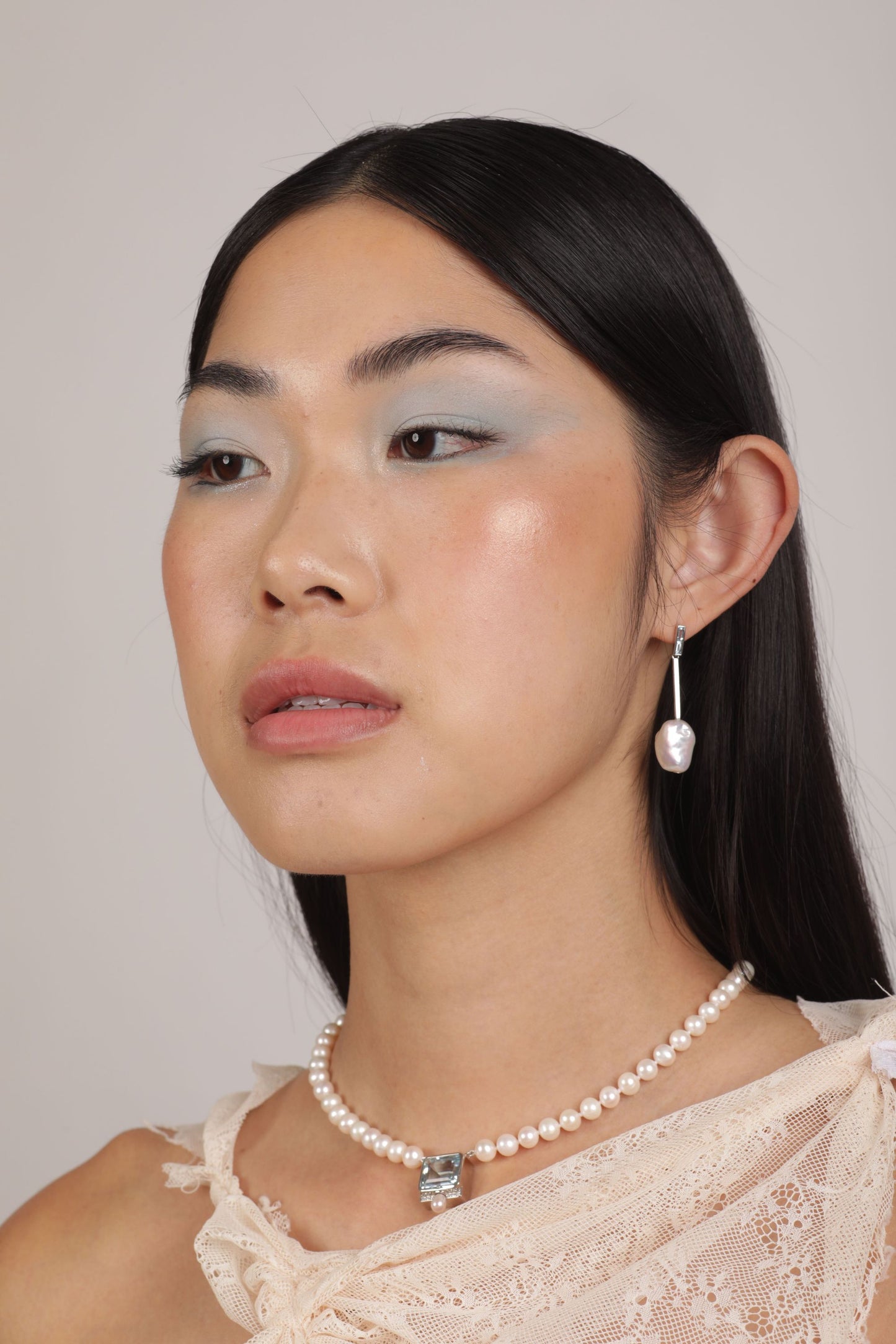 Aqua Keshi Pearl Earring worn with Mazu Pearl Necklace Costante
