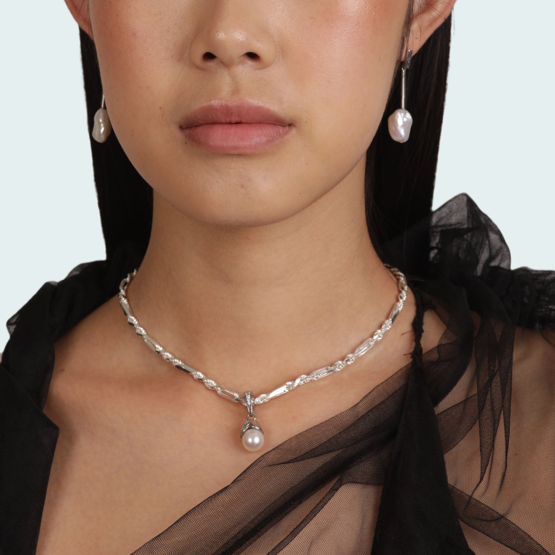 Blossom Space Chain Necklace worn with Aqua Keshi Pearl Earrings costanté