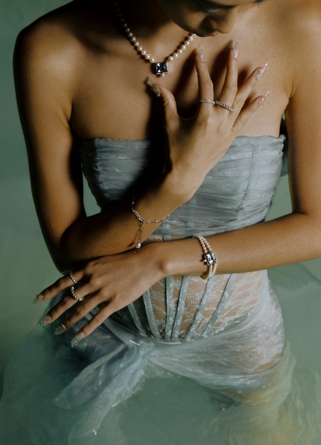 Ell in our Mazu Pearl set + Pearl Linq bracelet + Replica Ring